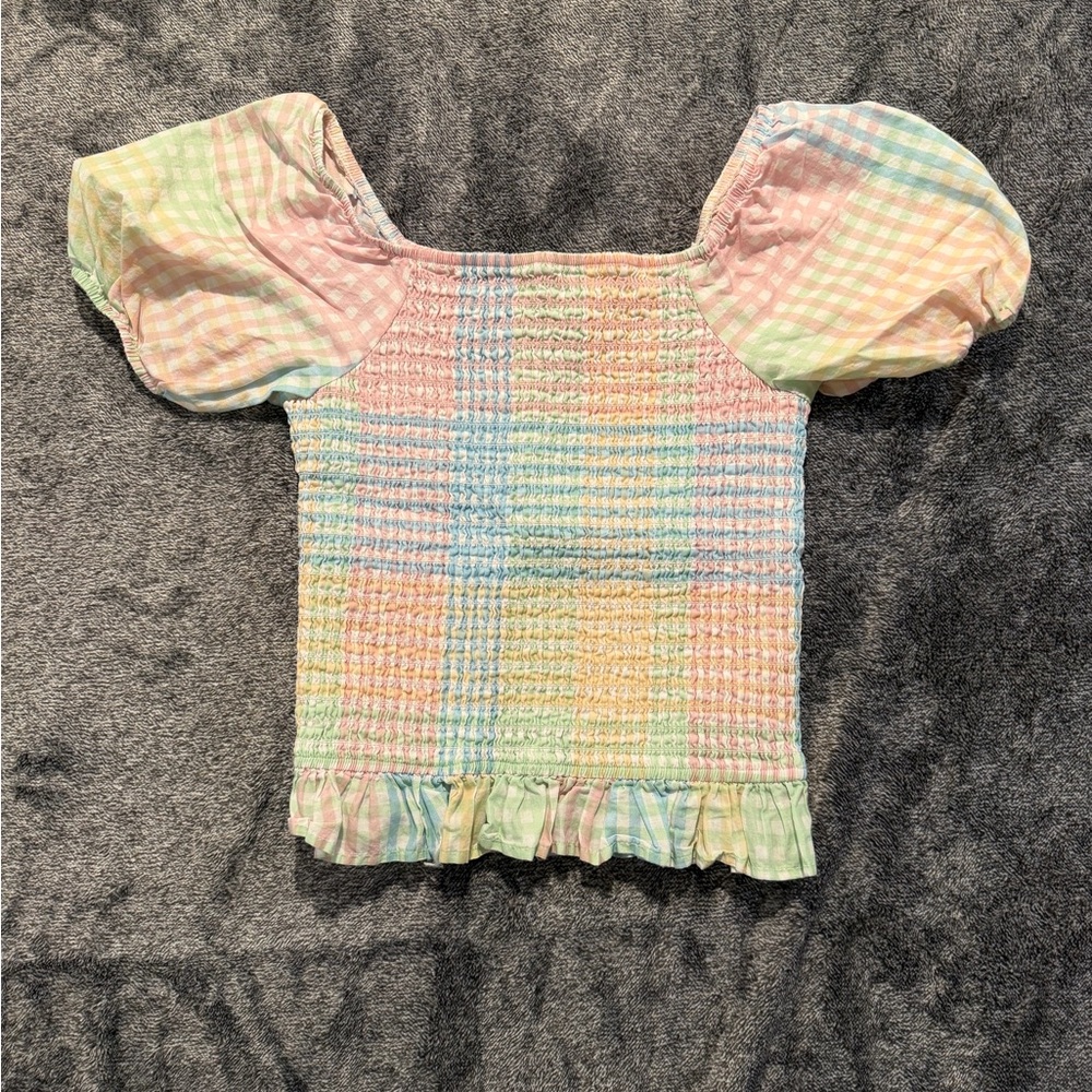 Art Class Girls Smocked Puff Sleeve Top – Pastel Plaid size 10/12